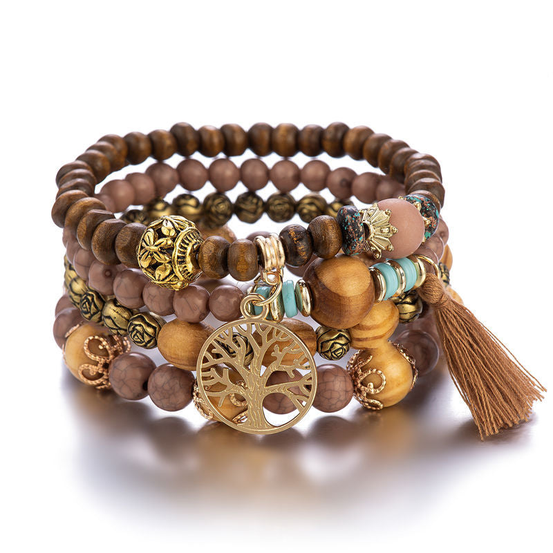 Wooden Beaded Bracelet Coffee layered bead bracelet with tassel detail