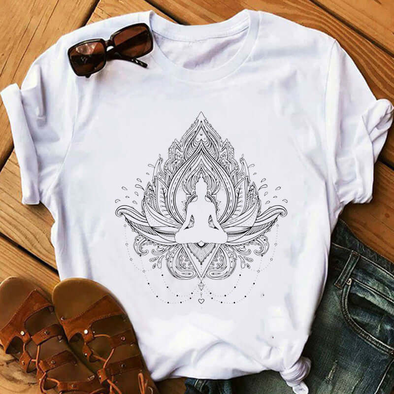 Buddha Wheel Meditation T-Shirt featuring a serene Buddha print and vibrant mandala design on a white tee.