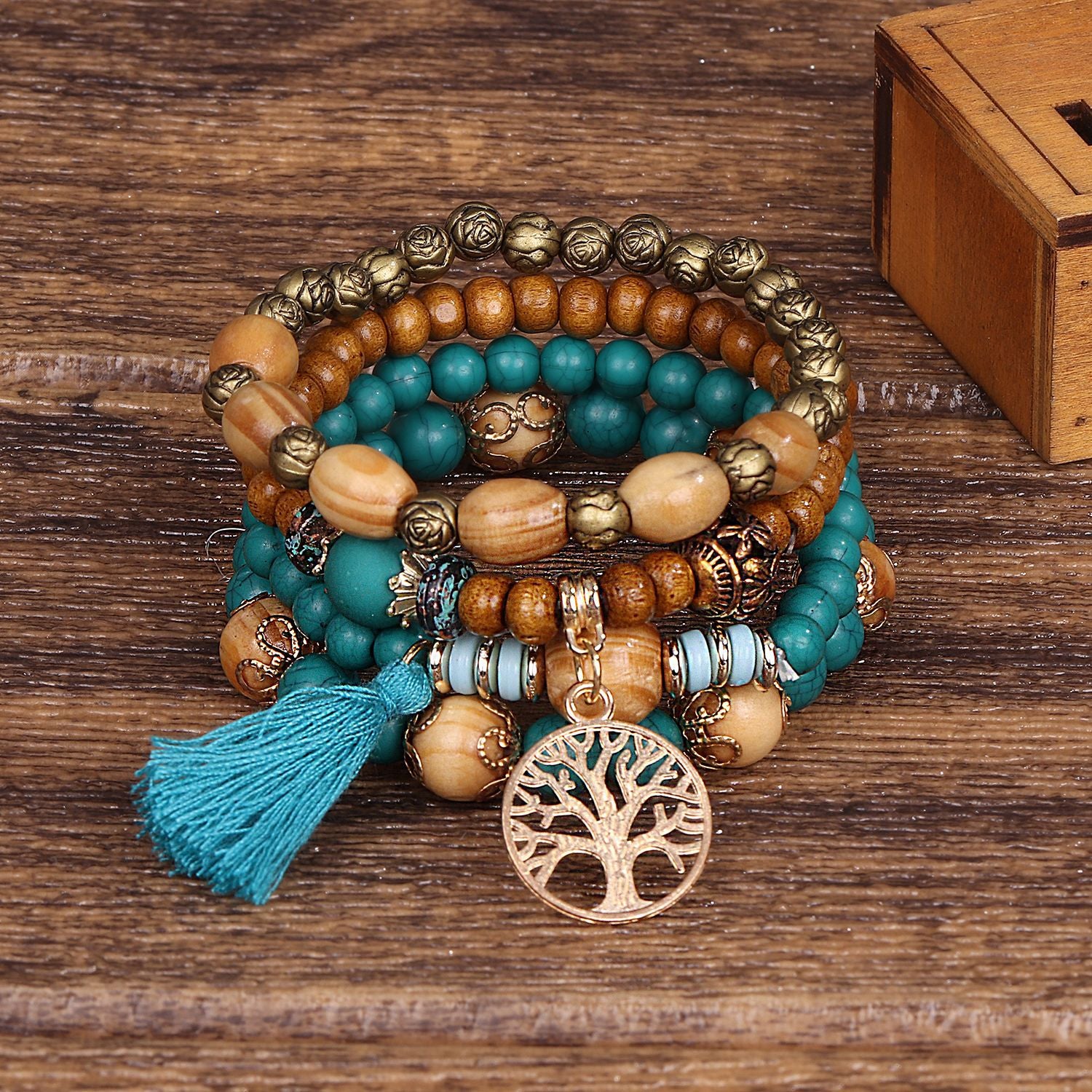 Wooden Beaded Bracelet Peacock Blue layered bracelet with wooden beads