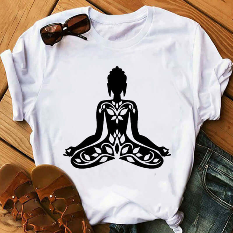 Buddha Wheel Meditation T-Shirt featuring a serene Buddha print and vibrant mandala design on a white tee.