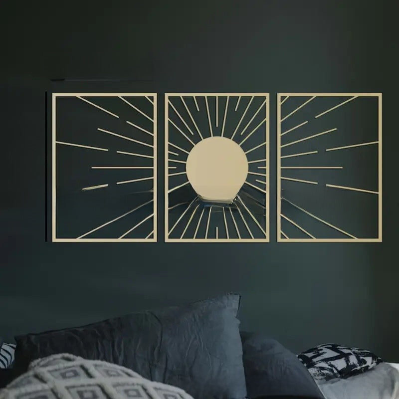 Close-up of the geometric black iron wall art's diamond and square cutout design