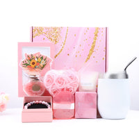 Pink spa gift box set shown closed with its decorative packaging