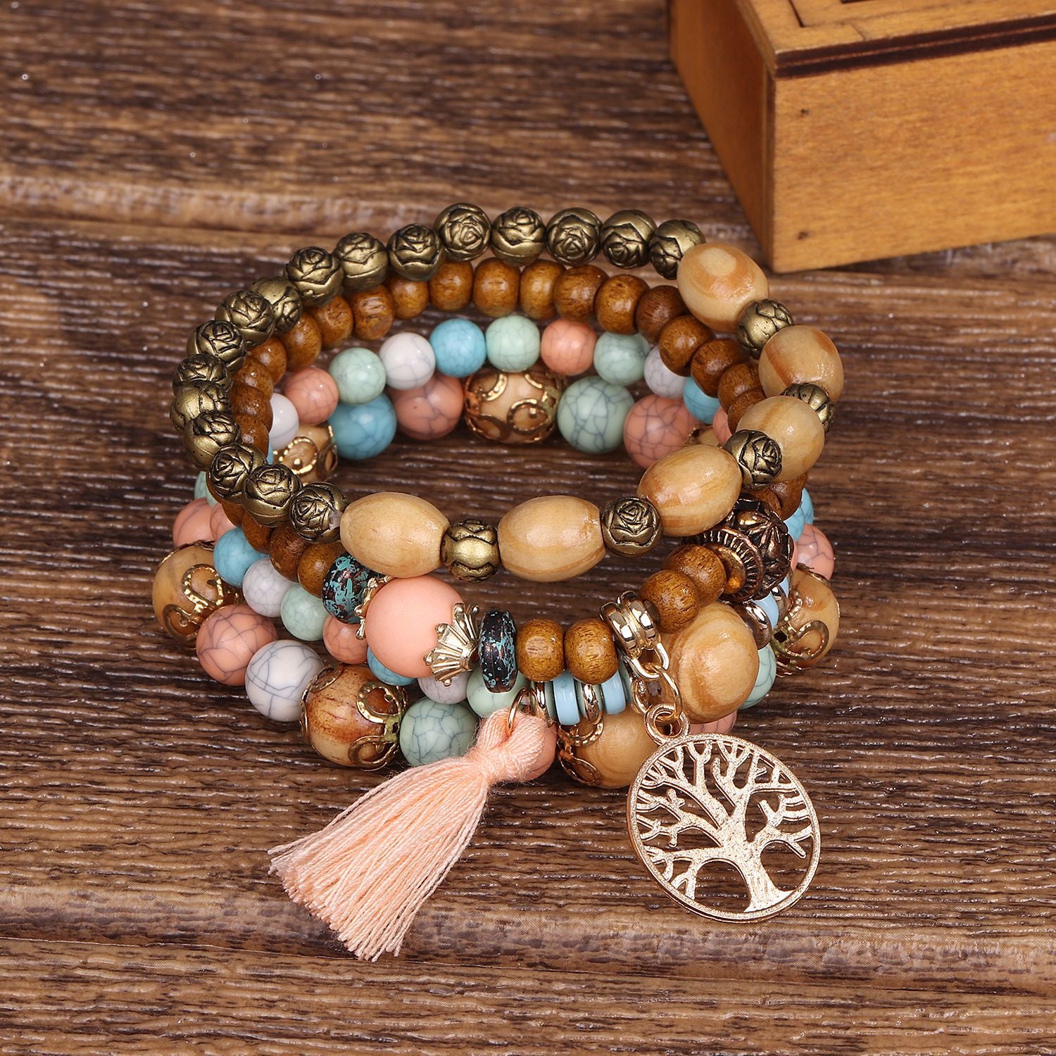 Wooden Beaded Bracelet Shallow Mix boho bracelet with pastel beads and tassel