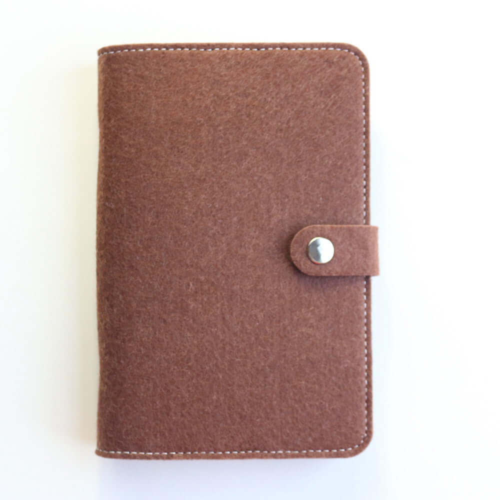 Felt Loose Leaf Notebook Journal in minimalist design with a dark grey felt cover and a button closure.