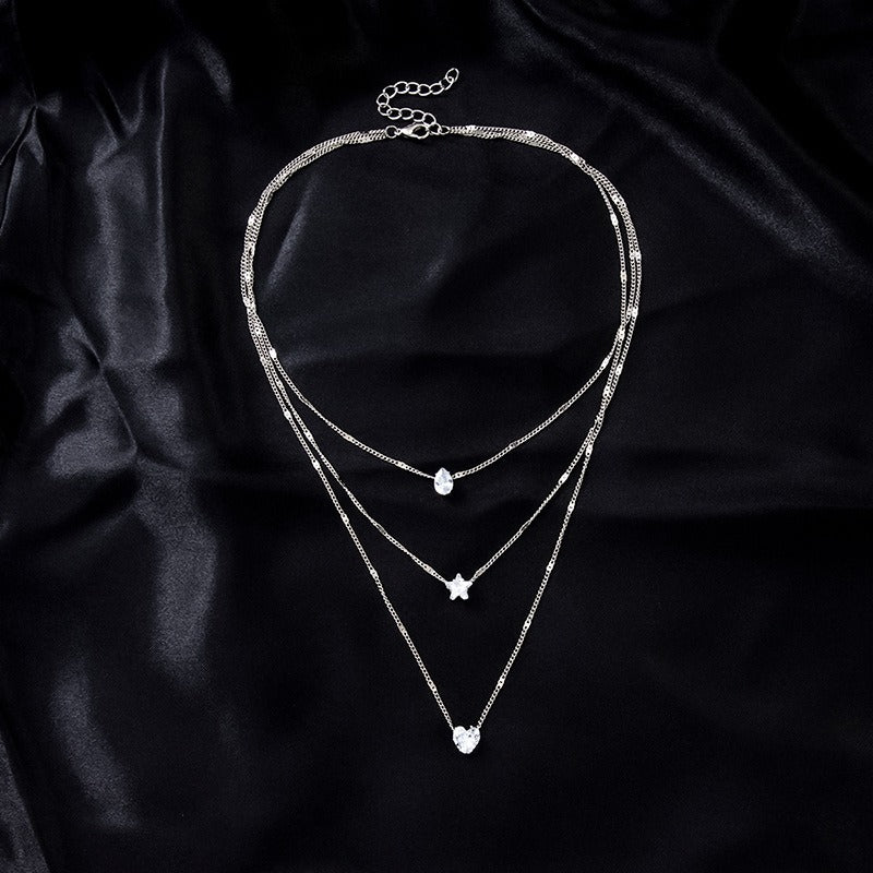 Layered Pendant Necklace Set with silver layered chains and crystal charms
