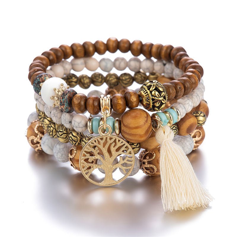 Wooden Beaded Bracelet Beige multilayer bracelet with tassel and crystal accents