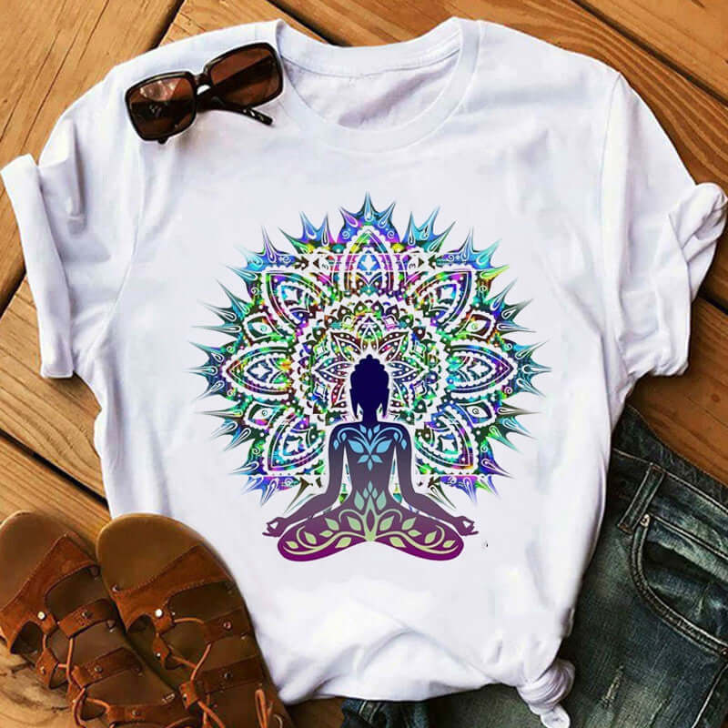 Buddha Wheel Meditation T-Shirt featuring a serene Buddha print and vibrant mandala design on a white tee.