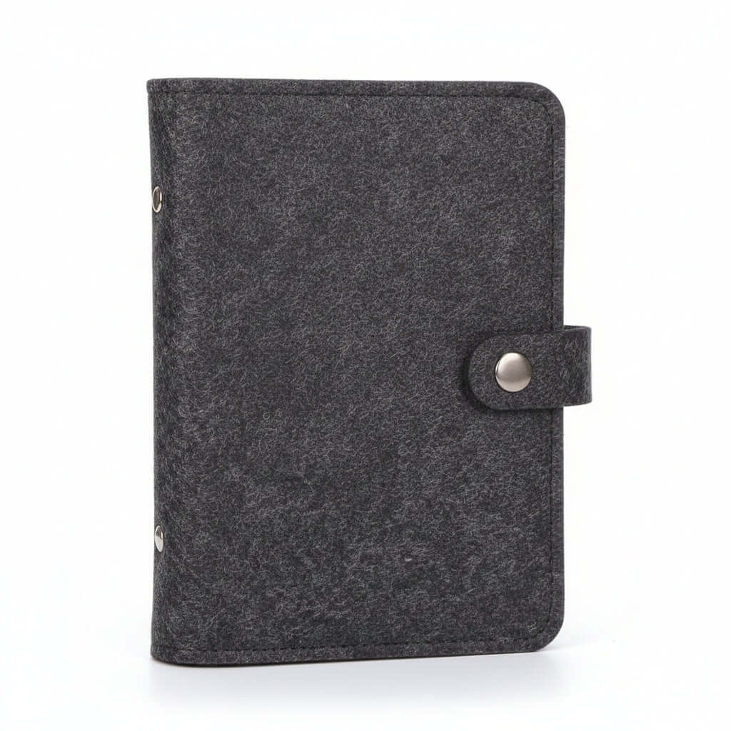 Felt Loose Leaf Notebook Journal in minimalist design with a dark grey felt cover and a button closure.