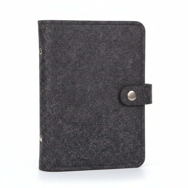 Felt Loose Leaf Notebook Journal in minimalist design with a dark grey felt cover and a button closure.