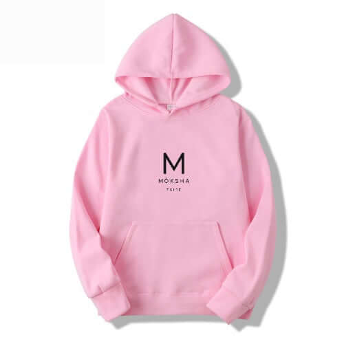 Möksha Tribe Cotton Hoodie in pink with a loose fit and round neck, perfect for mindful living.