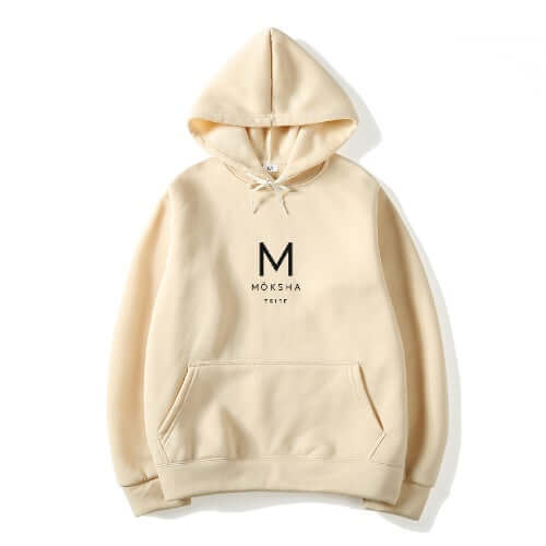 Möksha Tribe Cotton Hoodie in beige color with logo on the front and drawstring hood.