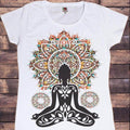 Buddha Wheel Meditation T-Shirt featuring a serene Buddha print and vibrant mandala design on a white tee.