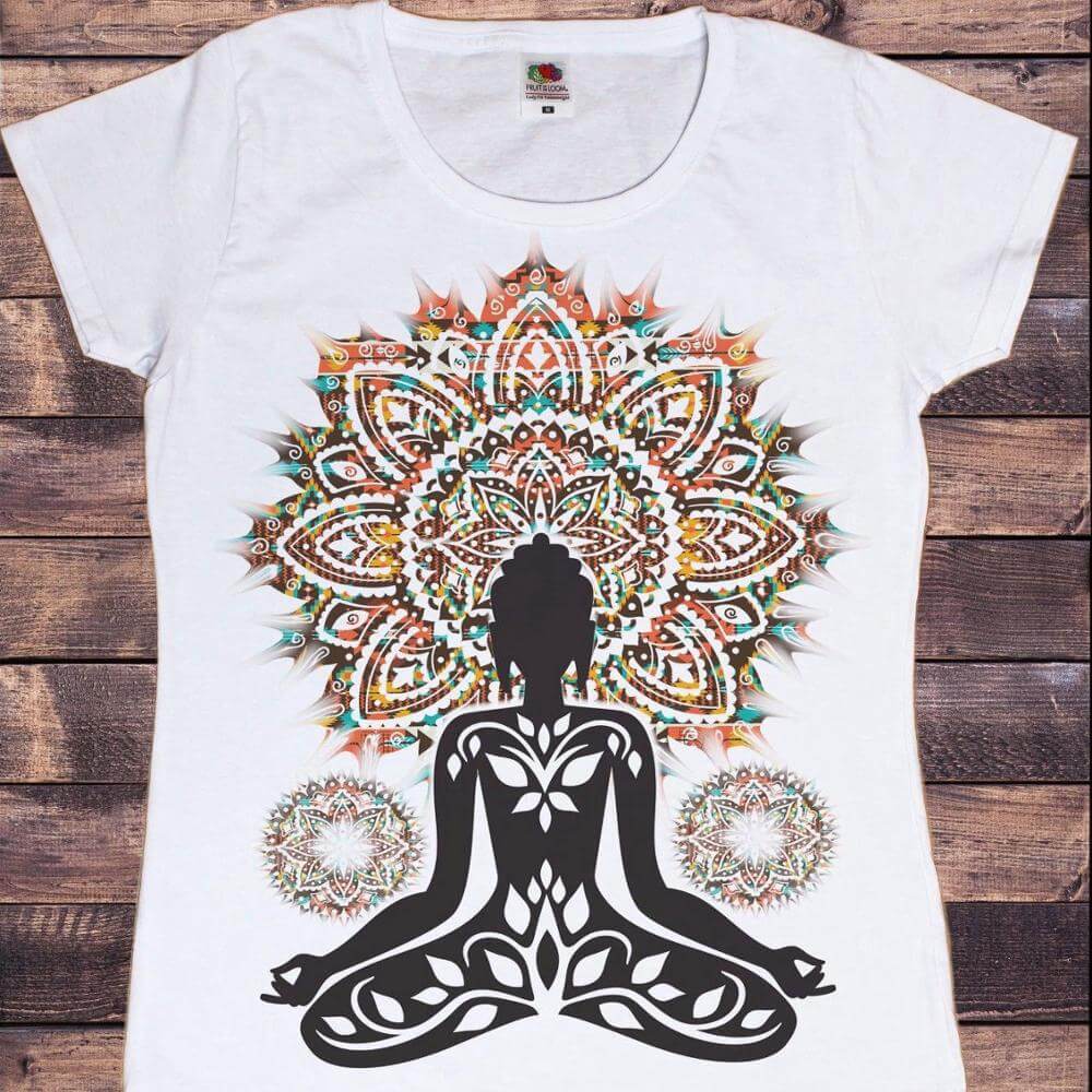 Buddha Wheel Meditation T-Shirt featuring a serene Buddha print and vibrant mandala design on a white tee.