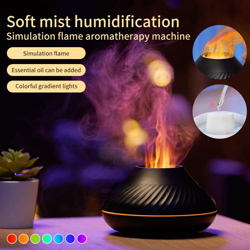 Flame Aroma Diffuser with essential oil mist and colour-changing LED light