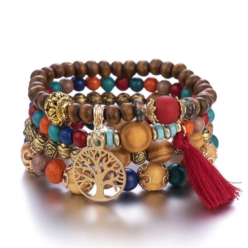 Wooden Beaded Bracelet Dark Mix colourful boho bracelet with tree charm