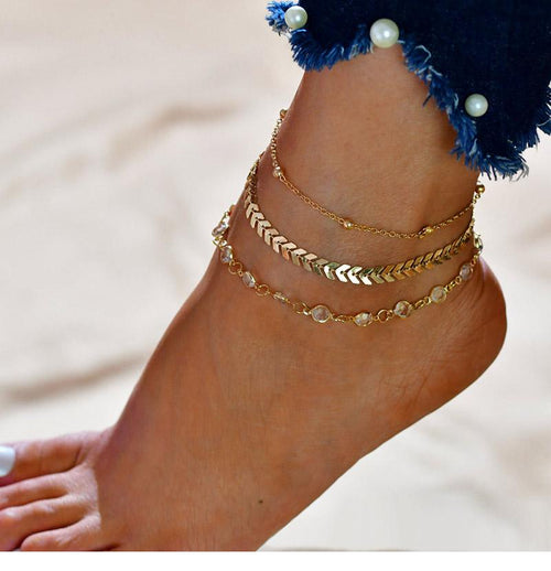 Crystal Anklet Set in gold with layered chevron and crystal anklets