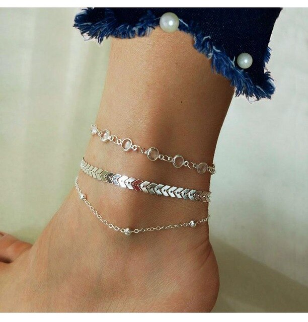 Crystal Anklet Set in silver with chevron chain and crystal accents