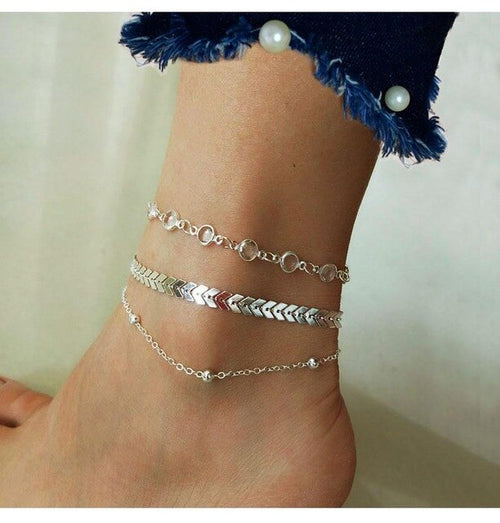 Crystal Anklet Set in silver with chevron chain and crystal accents