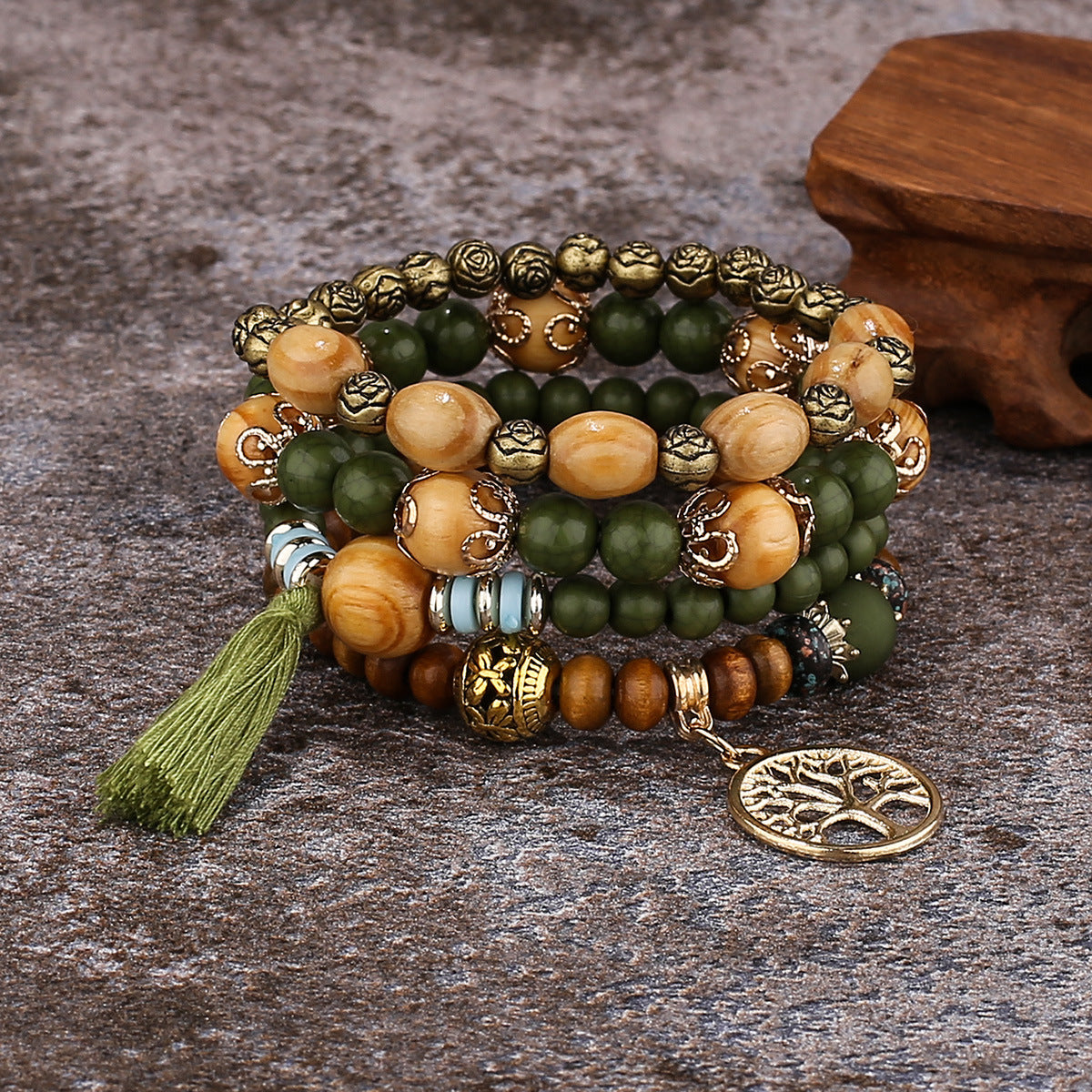 Wooden Beaded Bracelet Army Green boho bracelet with tree of life charm