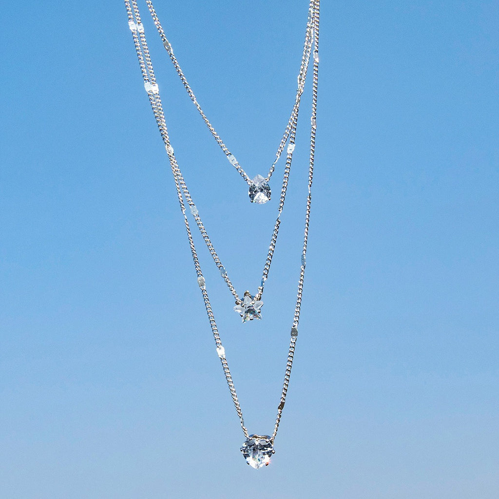 Layered Pendant Necklace Set in silver with sparkling crystal charm pendants