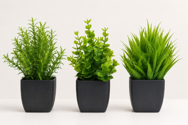 Set of three Nordic artificial potted plants in black square pots for minimalist desktop decor