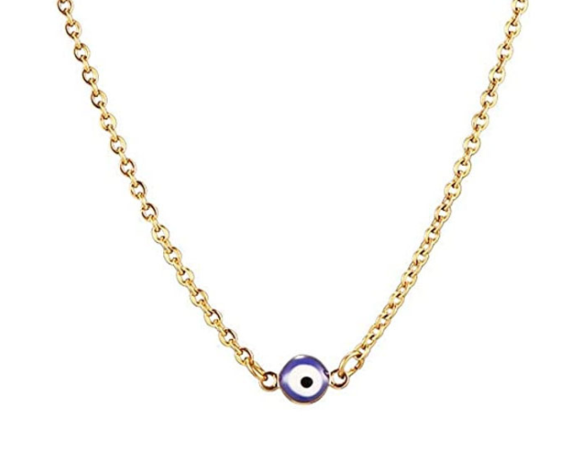 Evil Eye Bracelet matching necklace with blue evil eye charm and gold stainless steel chain