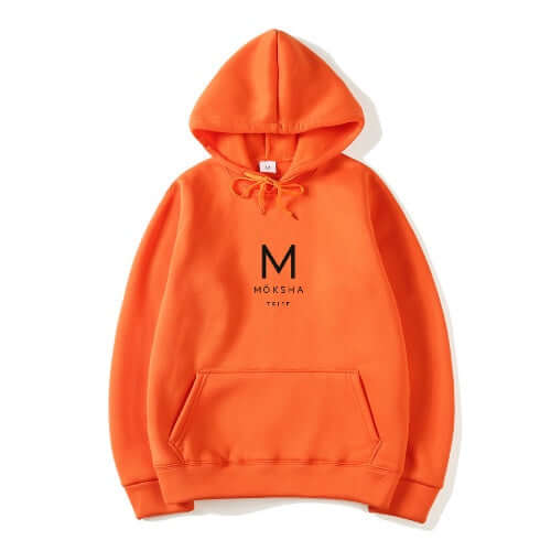 Möksha Tribe Cotton Hoodie in vibrant orange, designed for mindful living and comfort during meditation practices.