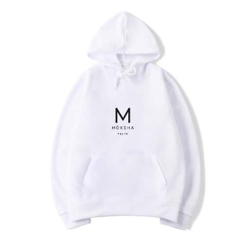 Möksha Tribe Cotton Hoodie in white featuring a loose fit and round neck, perfect for mindful living.