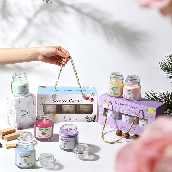 Aromatherapy scented candle gift set box with jasmine, black cherry, and vanilla cupcake jar candles