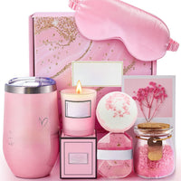 Pink insulated tumbler included in the spa gift box set