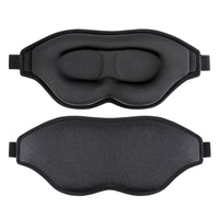 Two black sleep masks on a white background
