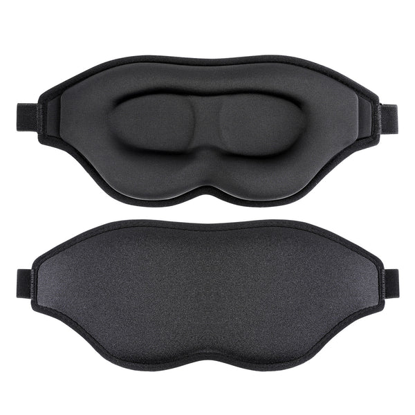Two black sleep masks on a white background