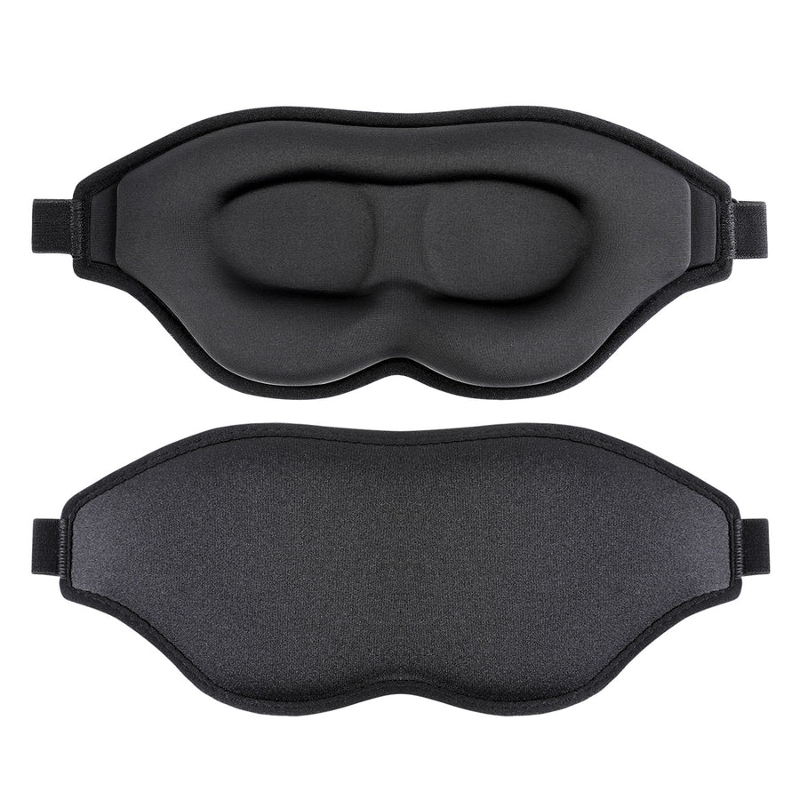 Two black sleep masks on a white background