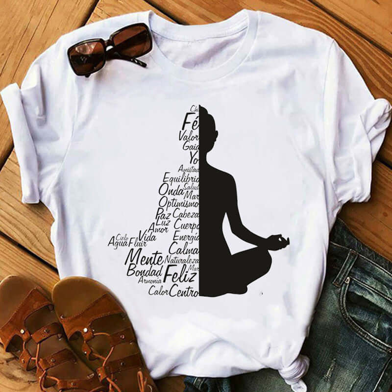 Buddha Wheel Meditation T-Shirt featuring a serene Buddha print and vibrant mandala design on a white tee.