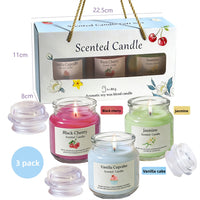 Assorted soy wax jar candles from the gift set in jasmine, black cherry, vanilla cupcake, lavender, rose, and osmanthus scents