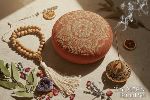 Meditation Starter Kit featuring a decorative meditation cushion, prayer beads, and incense for focus and calm.