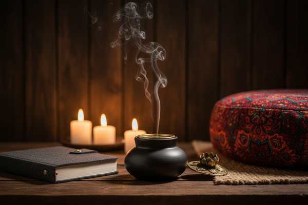 Sacred Space Meditation Bundle with incense, candles, yoga cushion, and journal for mindful moments.